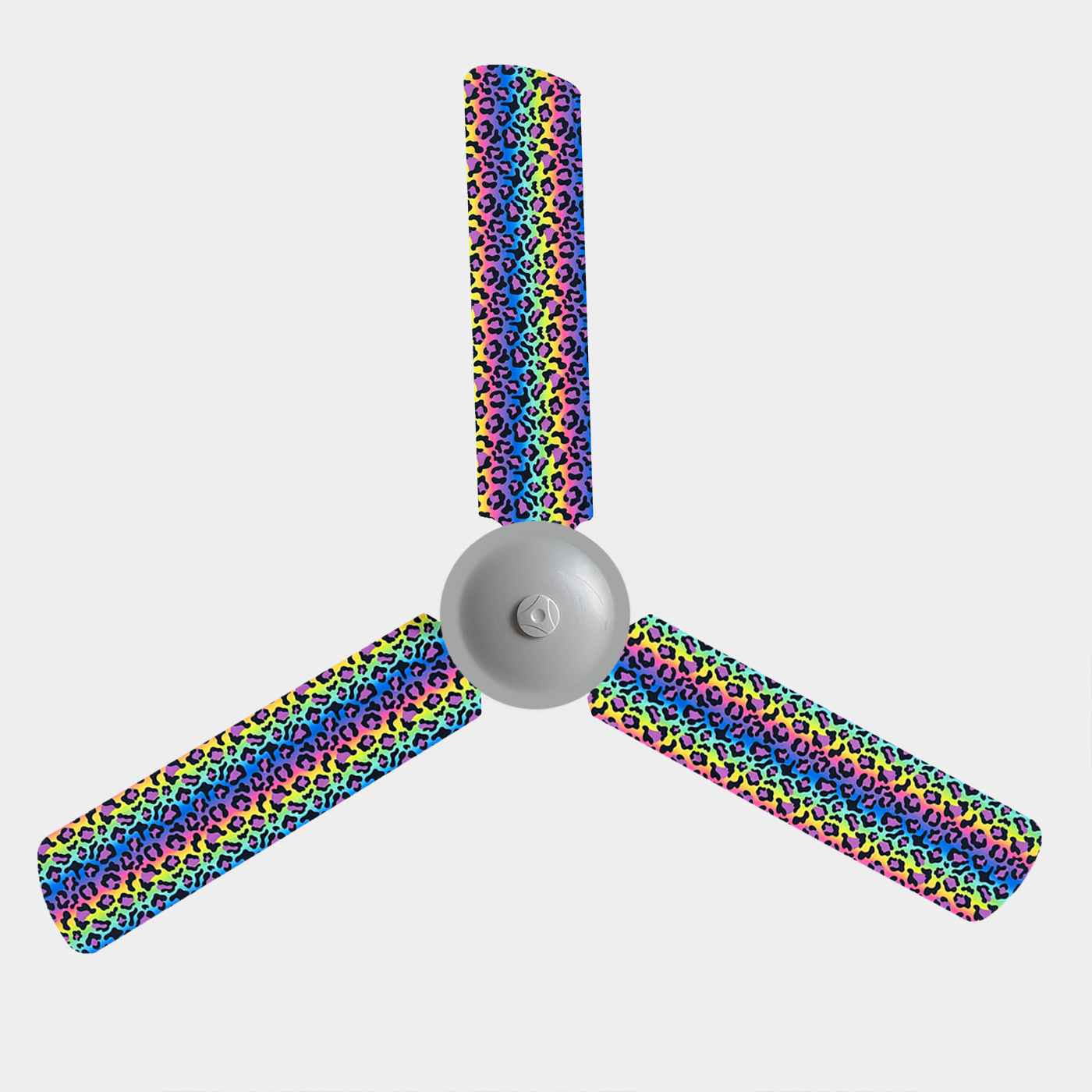 Rainbow Leopard print fabric fan blade covers on a 3 blade ceiling fan