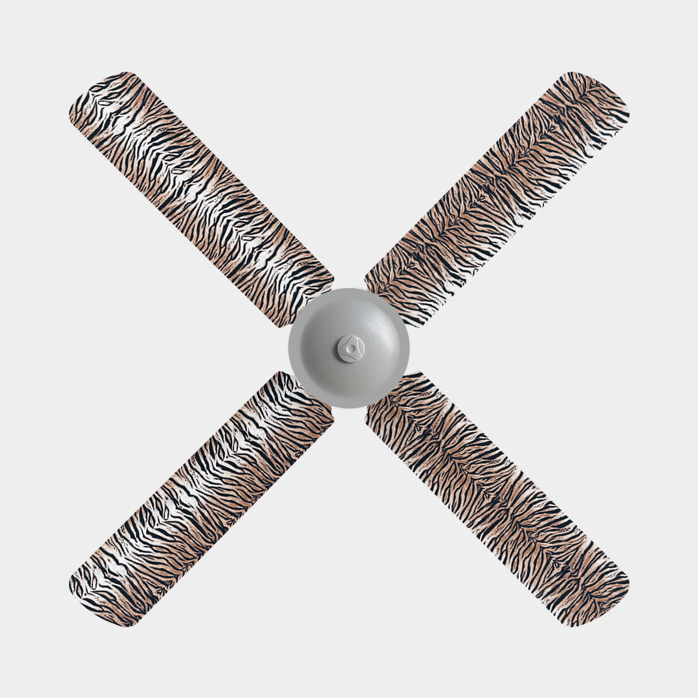 Tiger print fabric fan blade covers on a 4 blade ceiling fan