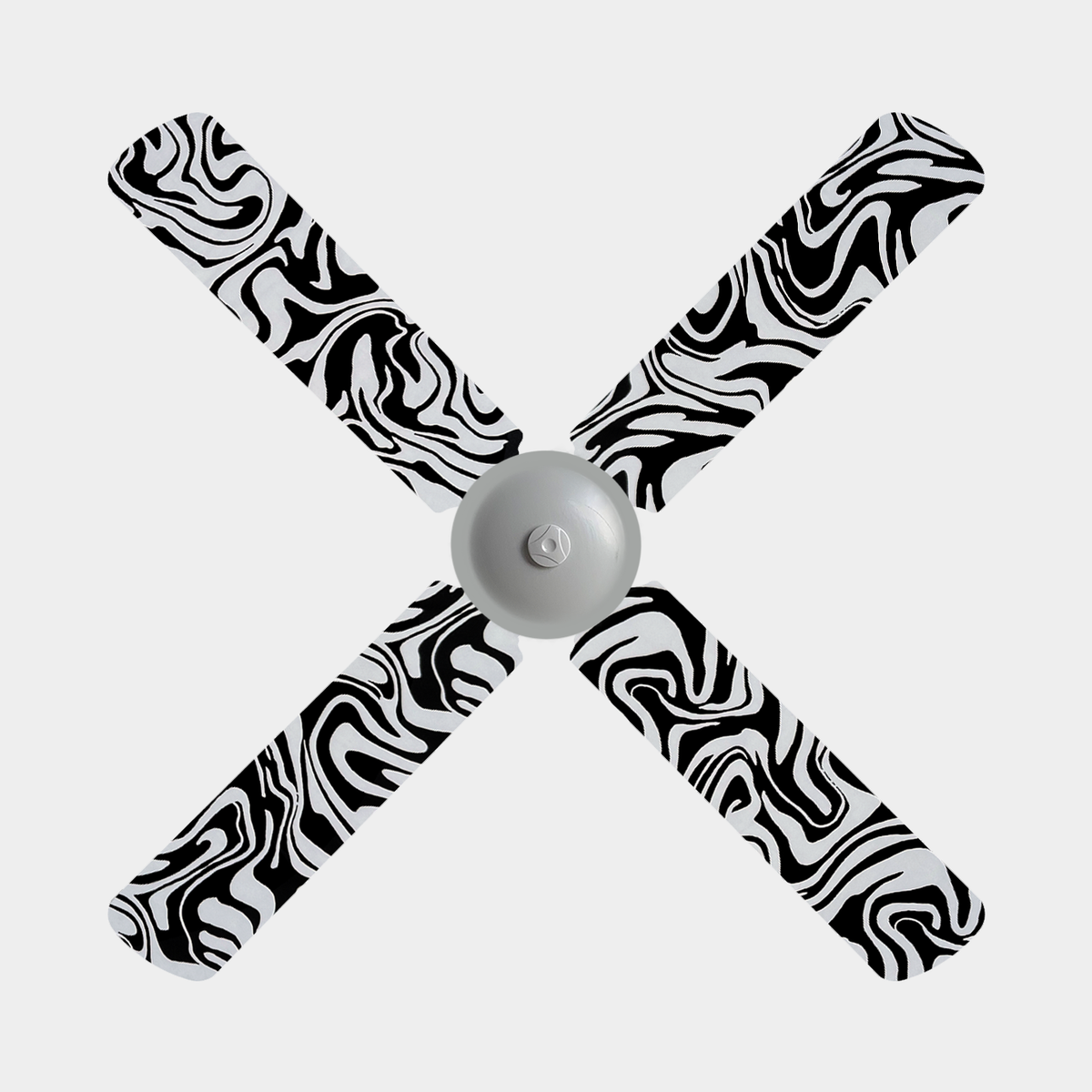 4 blade ceiling fan with fabric covers on the blade with a black and white swirling design