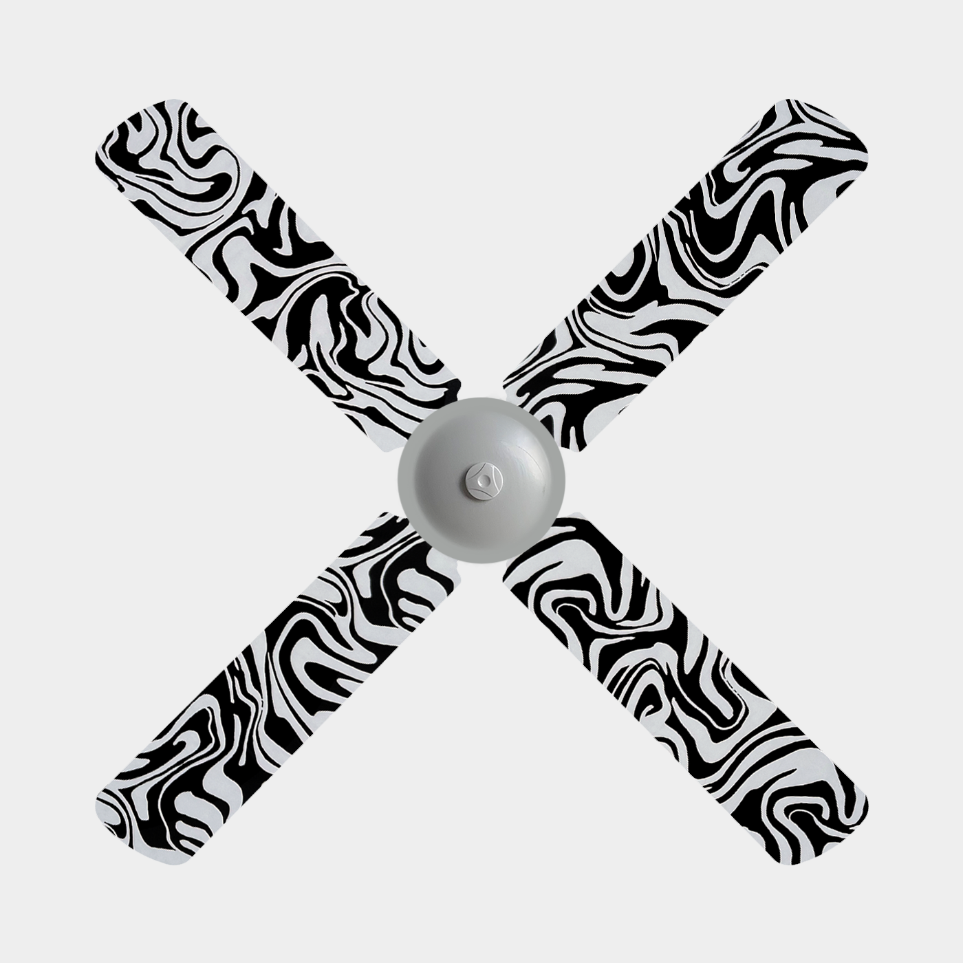 Black and white swirling design fabric fan blade covers on a 3 blade ceiling fan
