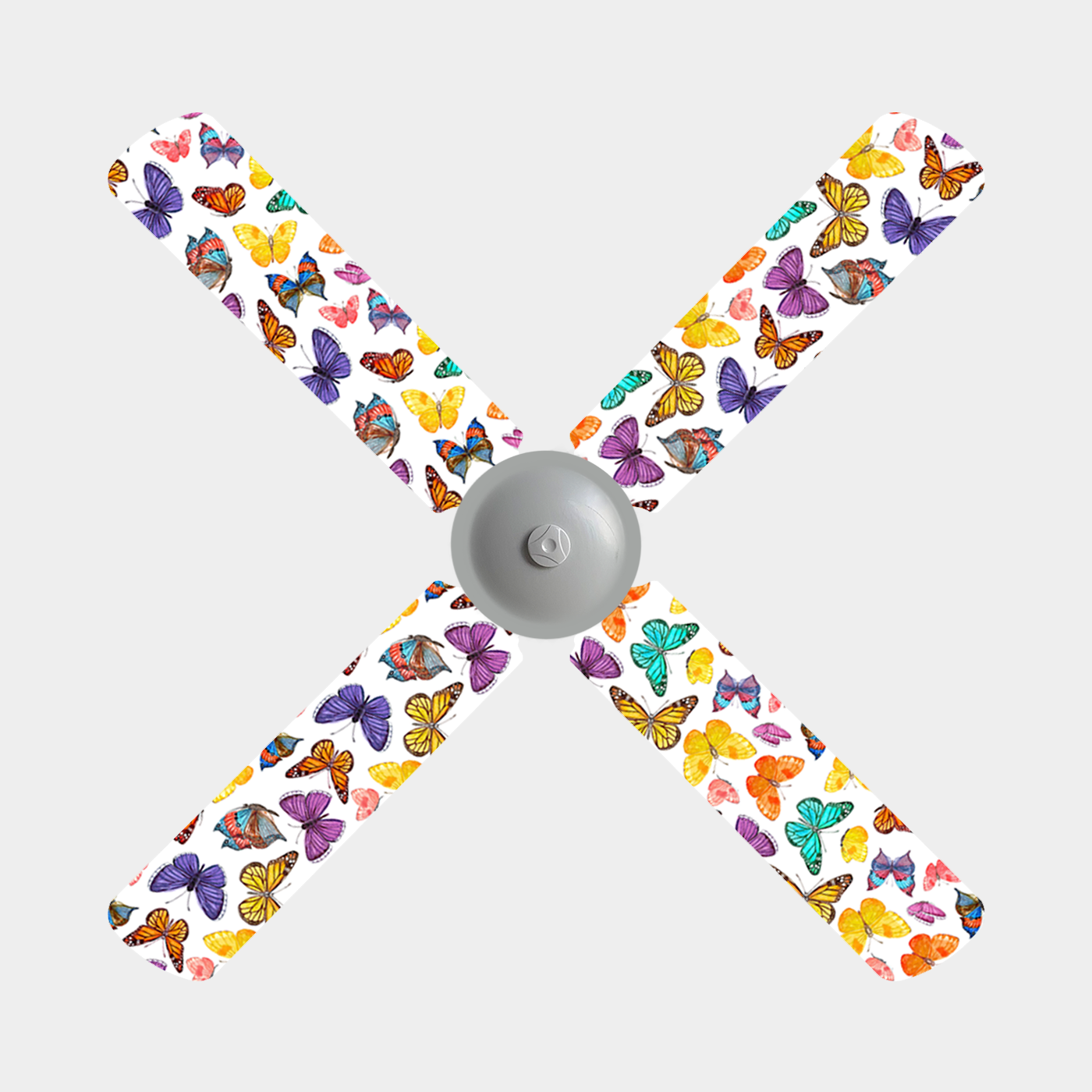 Purple, yellow, red, pink, and blue butterflies on white background fan blade covers