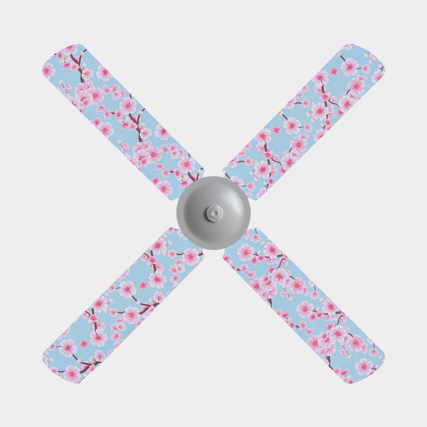 Cherry blossom fan blade covers on a blue background shown on a 4 blade ceiling fan