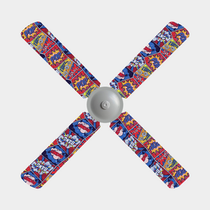 Four blue, red, and yellow onomatopoeia comic book panels print ceiling fan blade covers