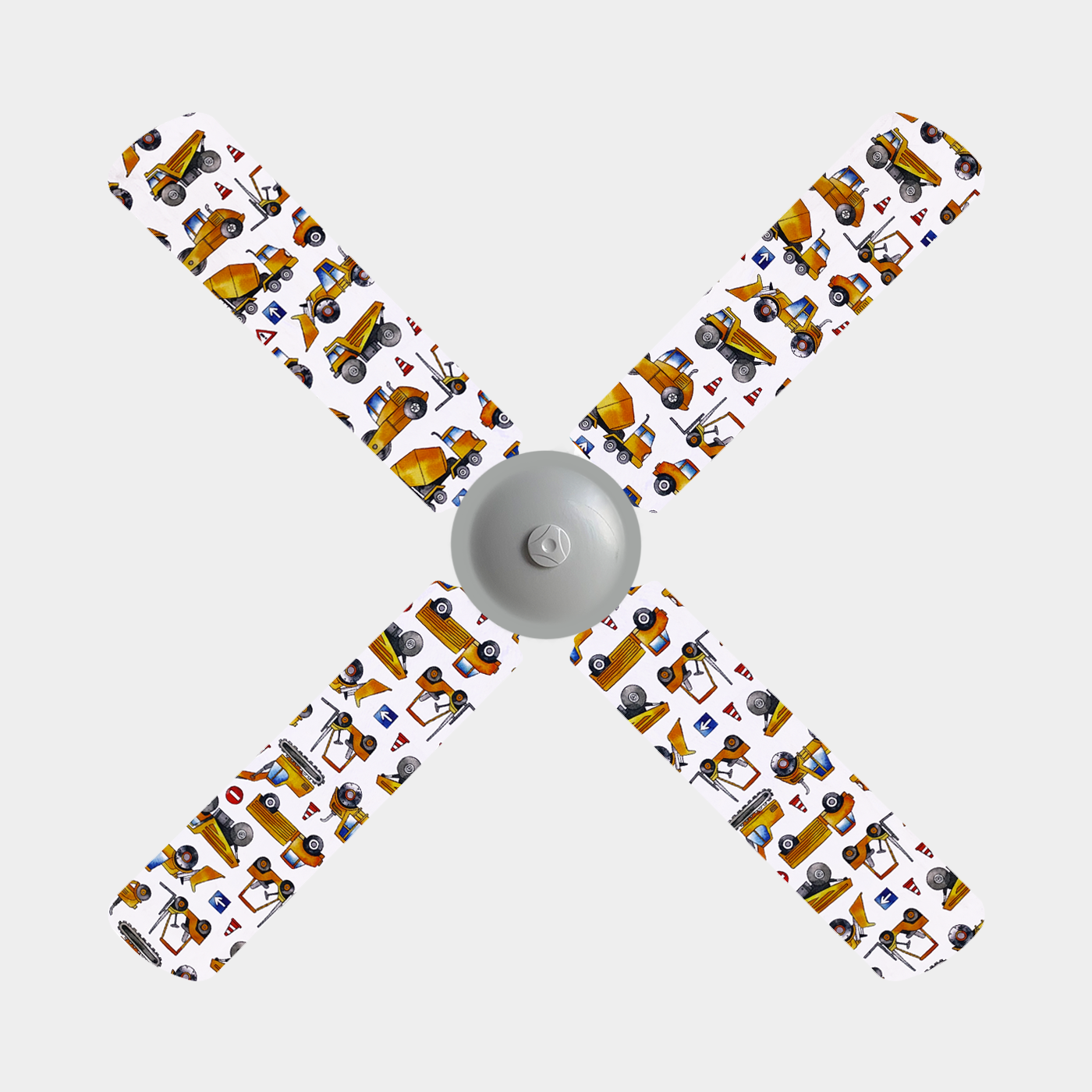 Fan Blade covers with orange and yellow construction vehicles on white background