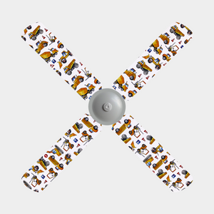 Four fan blade covers with orange and yellow construction vehicles on white background