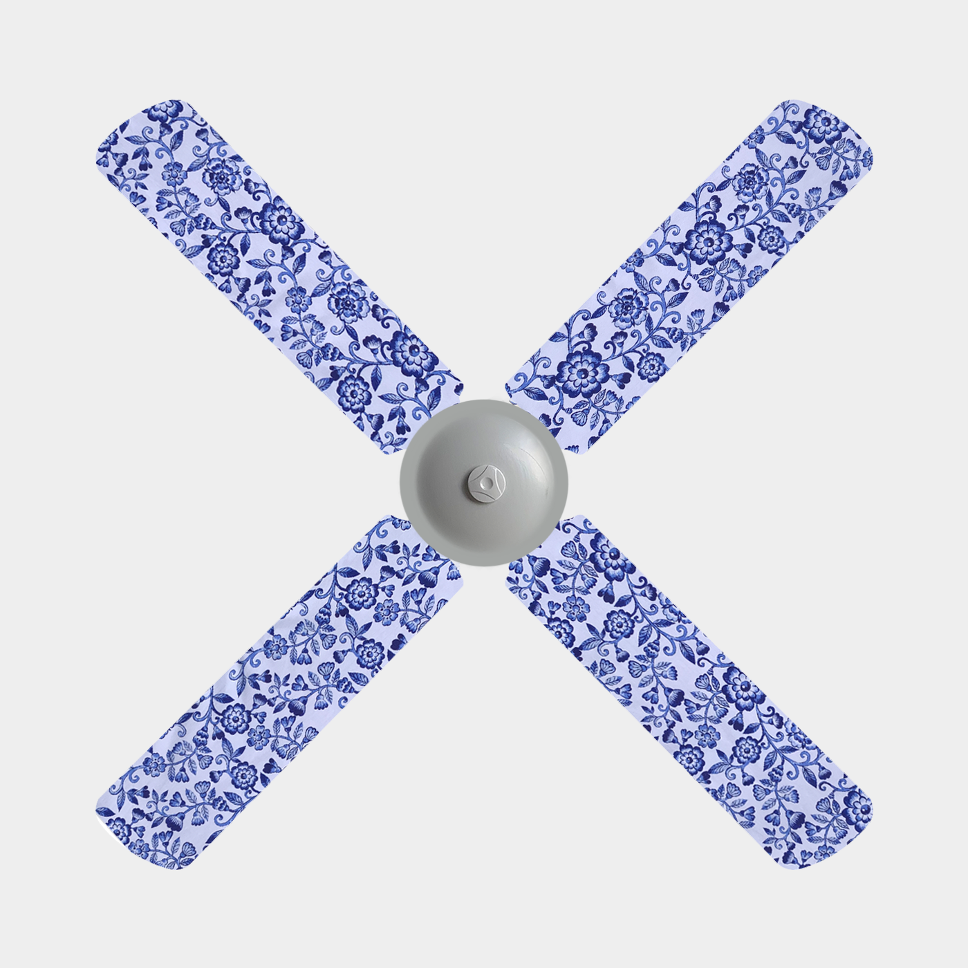 Four fan blade covers with blue hamptons-inspired flowers on a white background