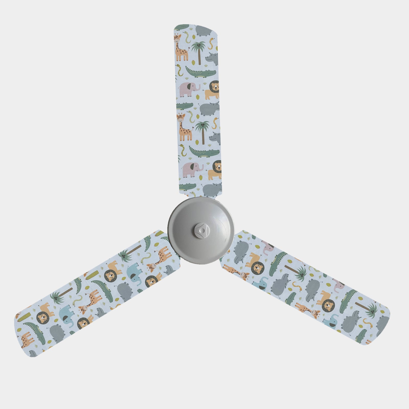 Fabric ceiling fan blade covers on a 3 blade ceiling fan with the design of jungle animals