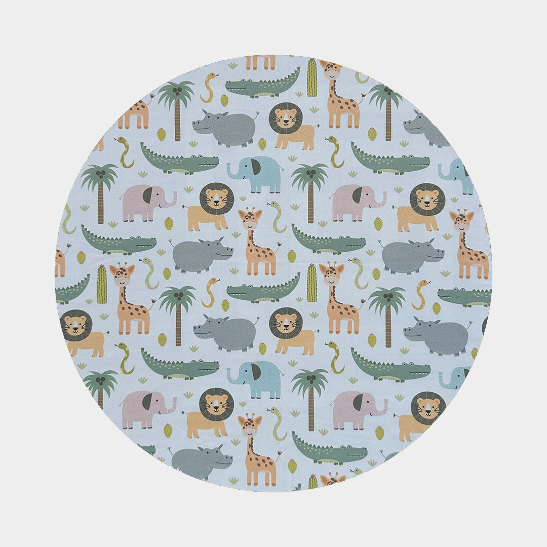 Image of the jungle friends fabric used for ceiling fan blade covers.  Lions, Hippos, Crocodiles, Elephants