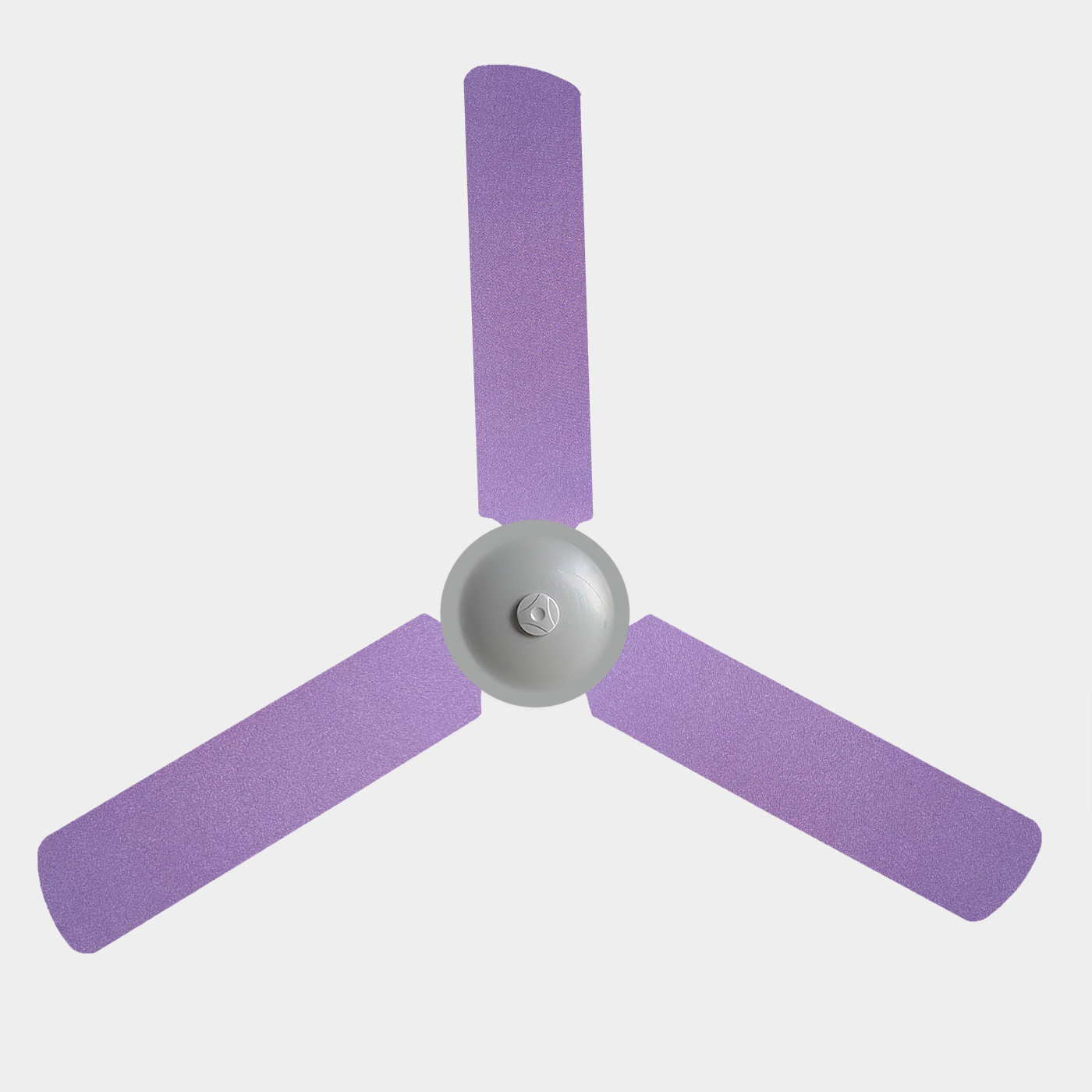 Ceiling fan with 3 blades with lavender coloured shimmer fabric covers on the blades