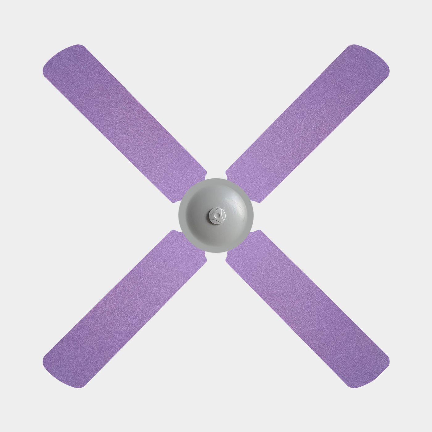 Ceiling fan with 3 blades with lavender coloured shimmer fabric covers on the blades