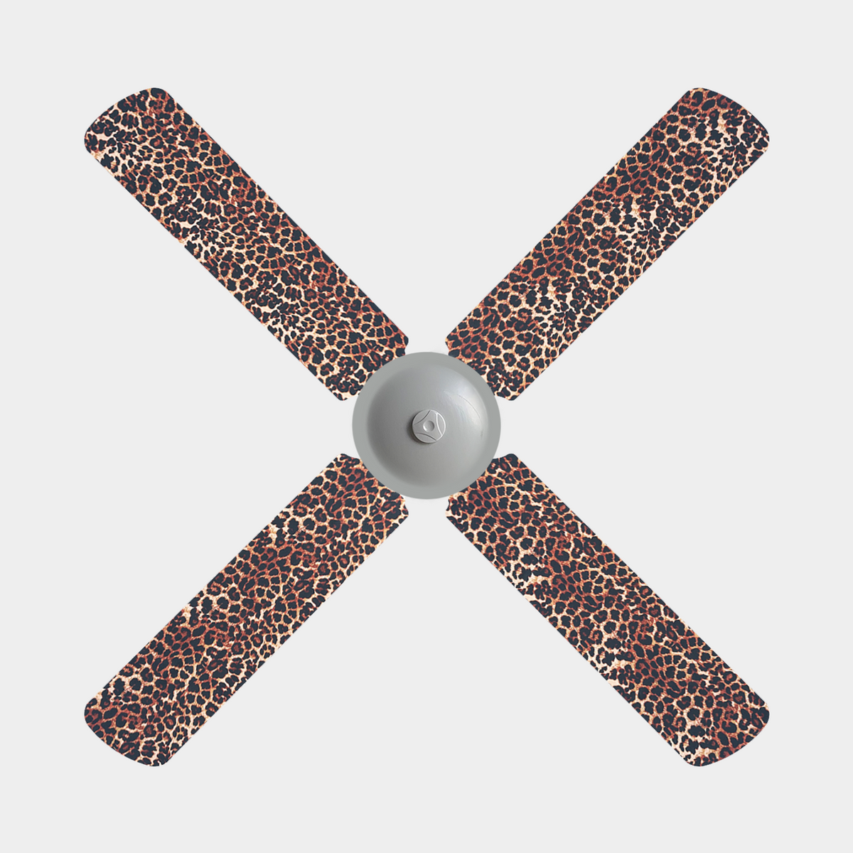 4 blade ceiling fan with leopard print fabric covers on the blades 