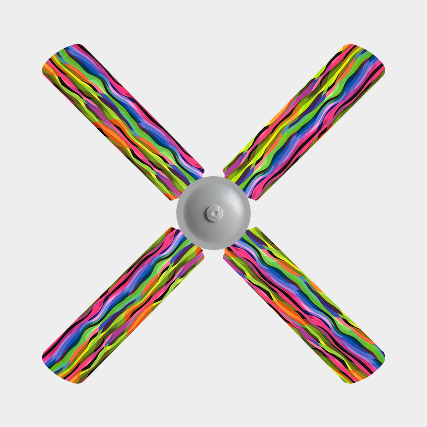 A 3 blade ceiling fan with fabric covers on it which are bright yellow, pink, green, blue and a hint of black wavy stripes