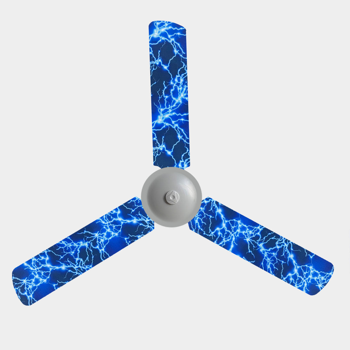 Fabric fan blade covers with blue and white lightning strikes on a 3 blade fan