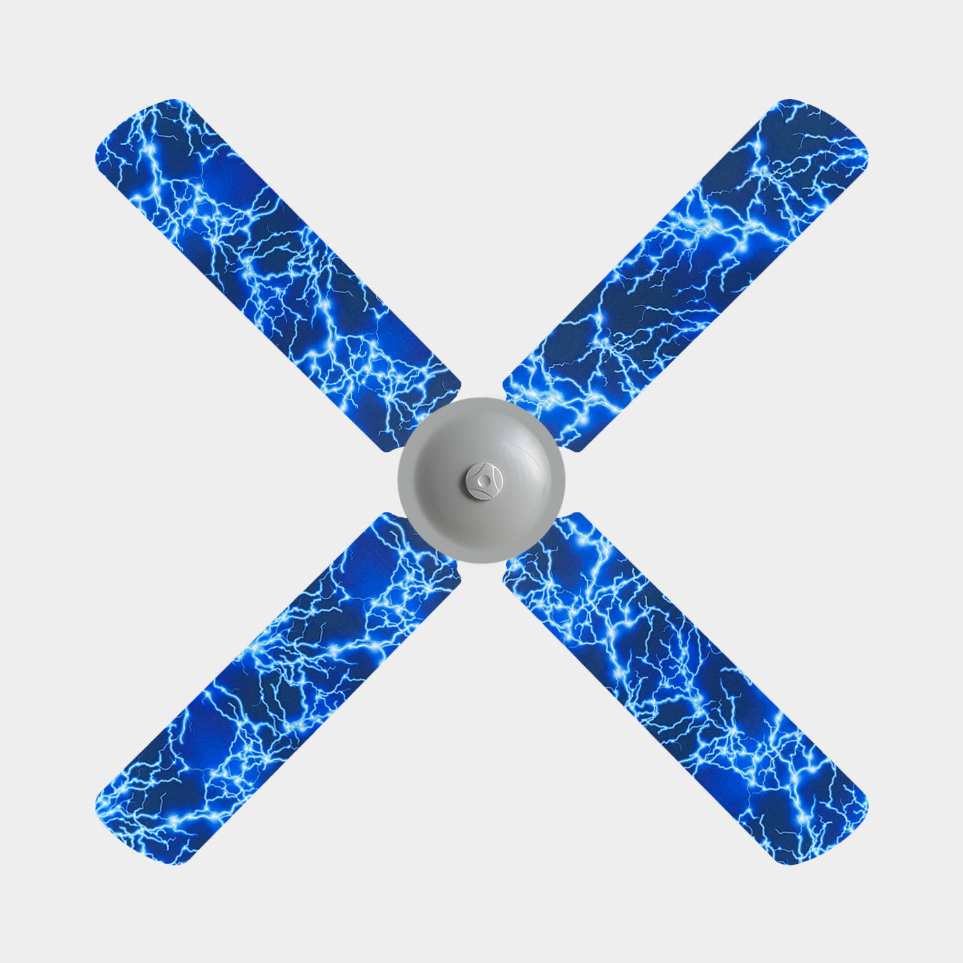 Fabric fan blade covers with blue and white lightning strikes on a 3 blade fan