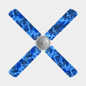 Blue and white lightning strikes with a dark background fan blade covers on a 4 blade fan