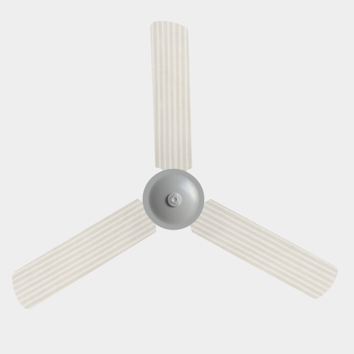 3 blade ceiling fan with fabric covers featuring linen stripes on a white background