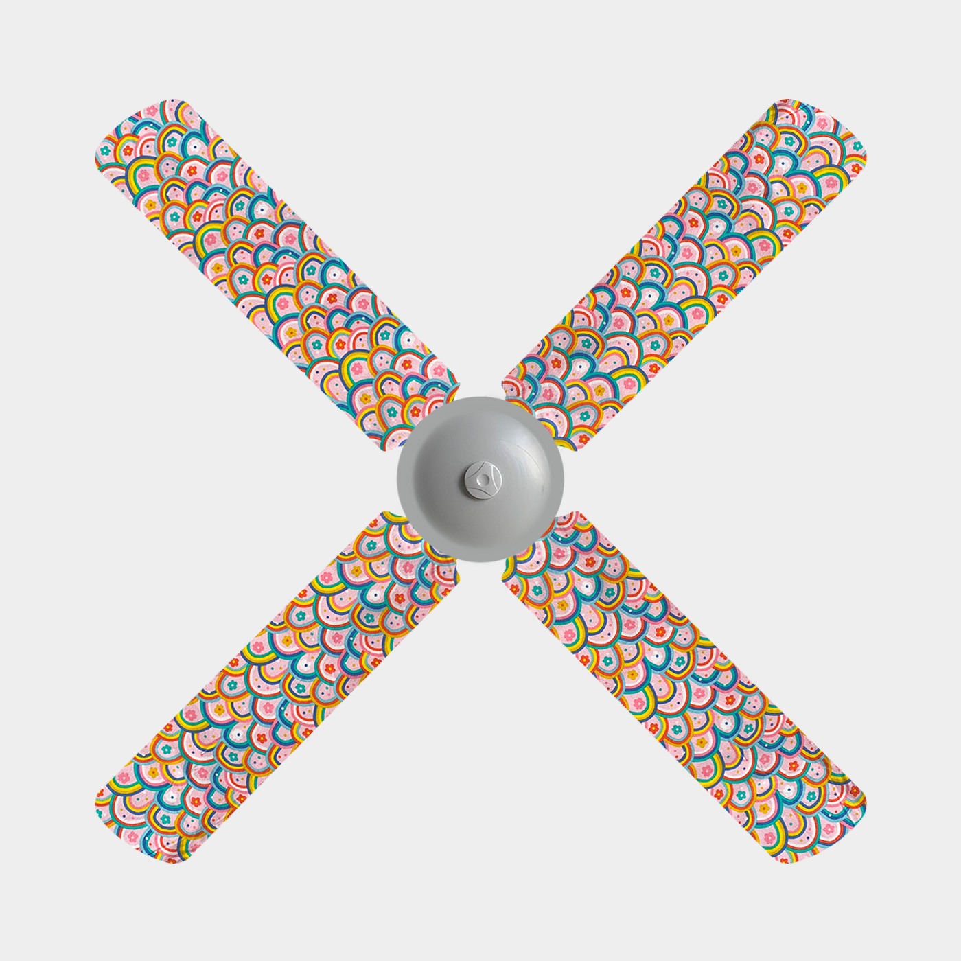 Ceiling fan covers with red, yellow, blue rainbows with small flowers on a pink background pattern