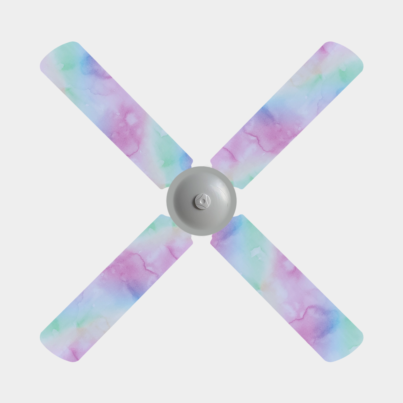 Pastel pink, purple, yellow, and green cloud-like pattern fan covers on three blade ceiling fan.