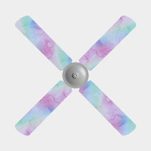 Pastel pink, purple, yellow, and green cloud-like pattern fan covers on four blade ceiling fan.