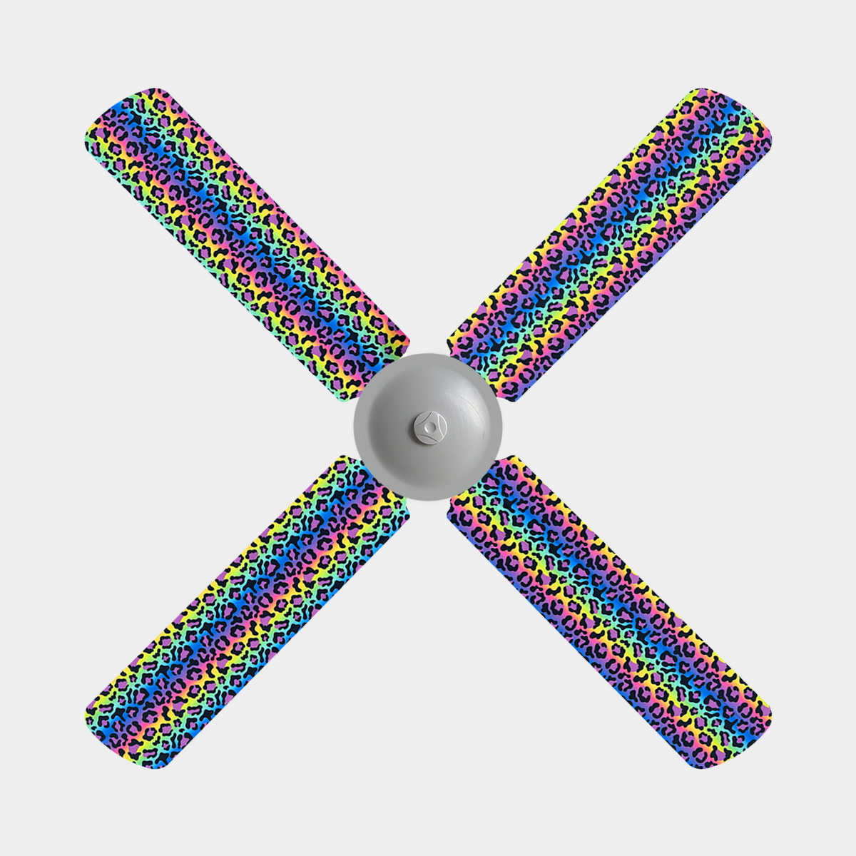 Rainbow Leopard print fabric fan blade covers on a 4 blade ceiling fan