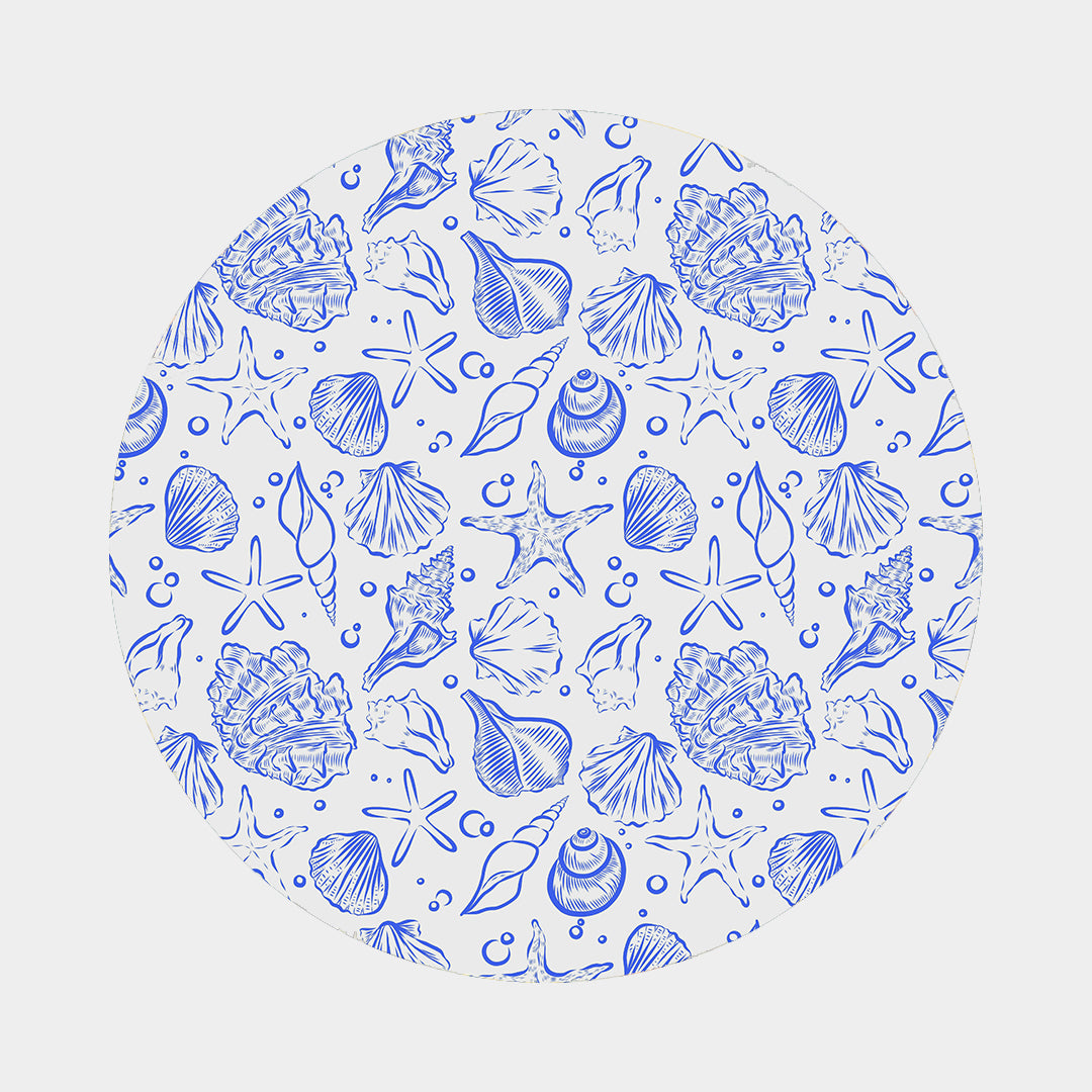 Blue seashell and starfish fabric print on white background — Seashells by Fan Friends Australia