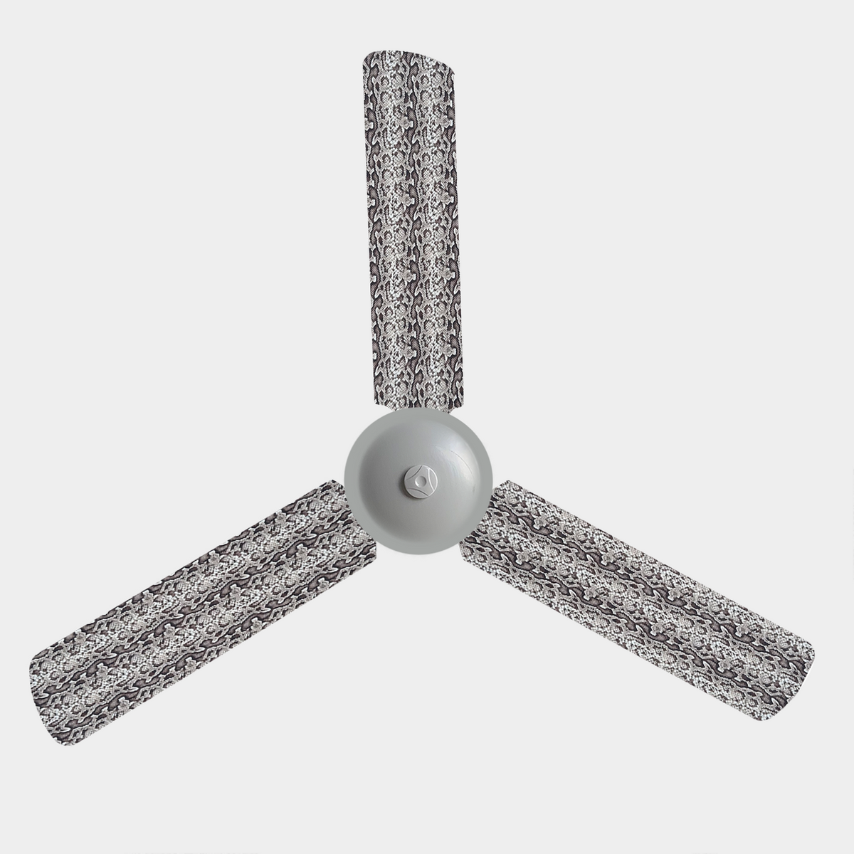 Snake skin print fabric fan blade covers on a 3 blade ceiling fan
