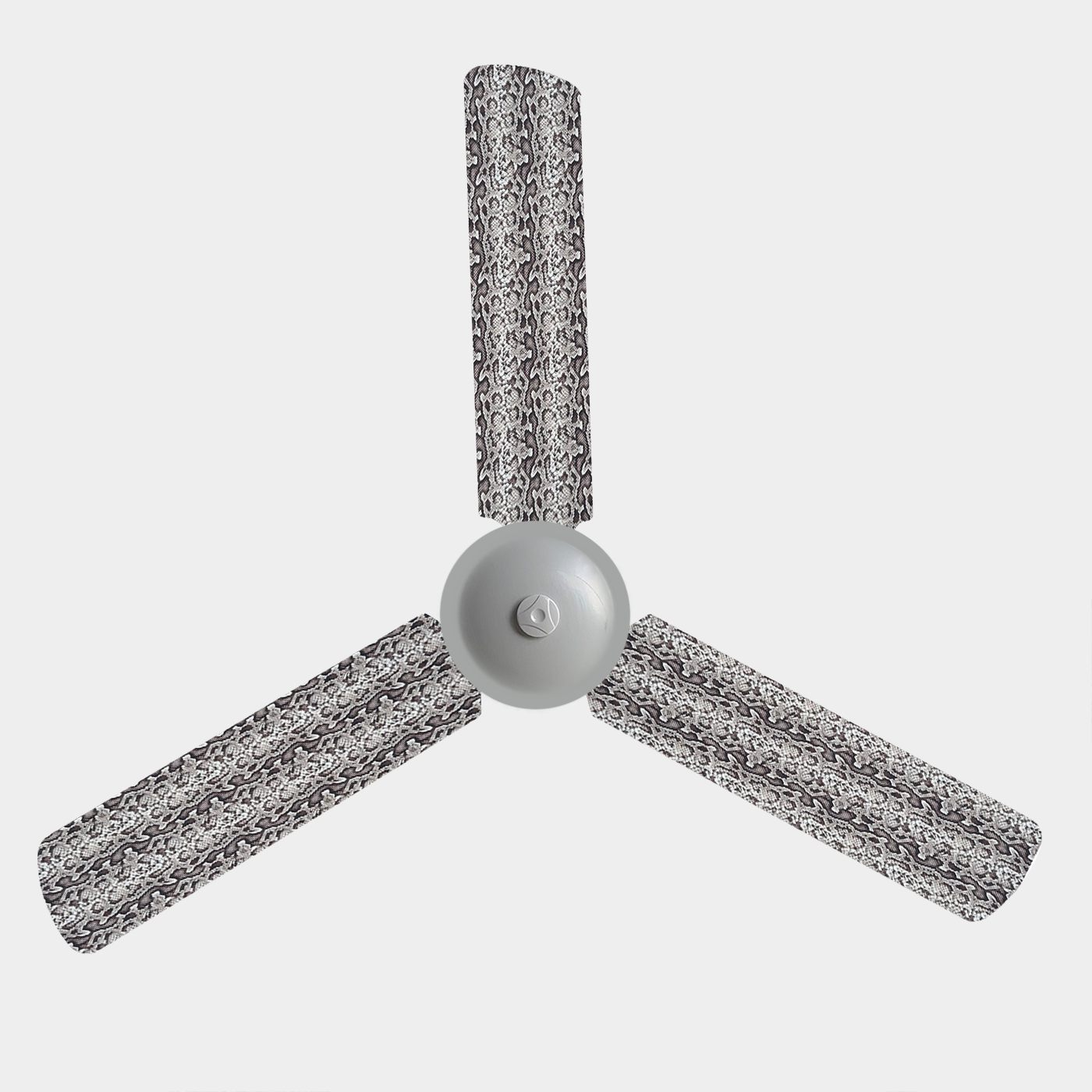 Snake skin print fabric fan blade covers on a 3 blade ceiling fan