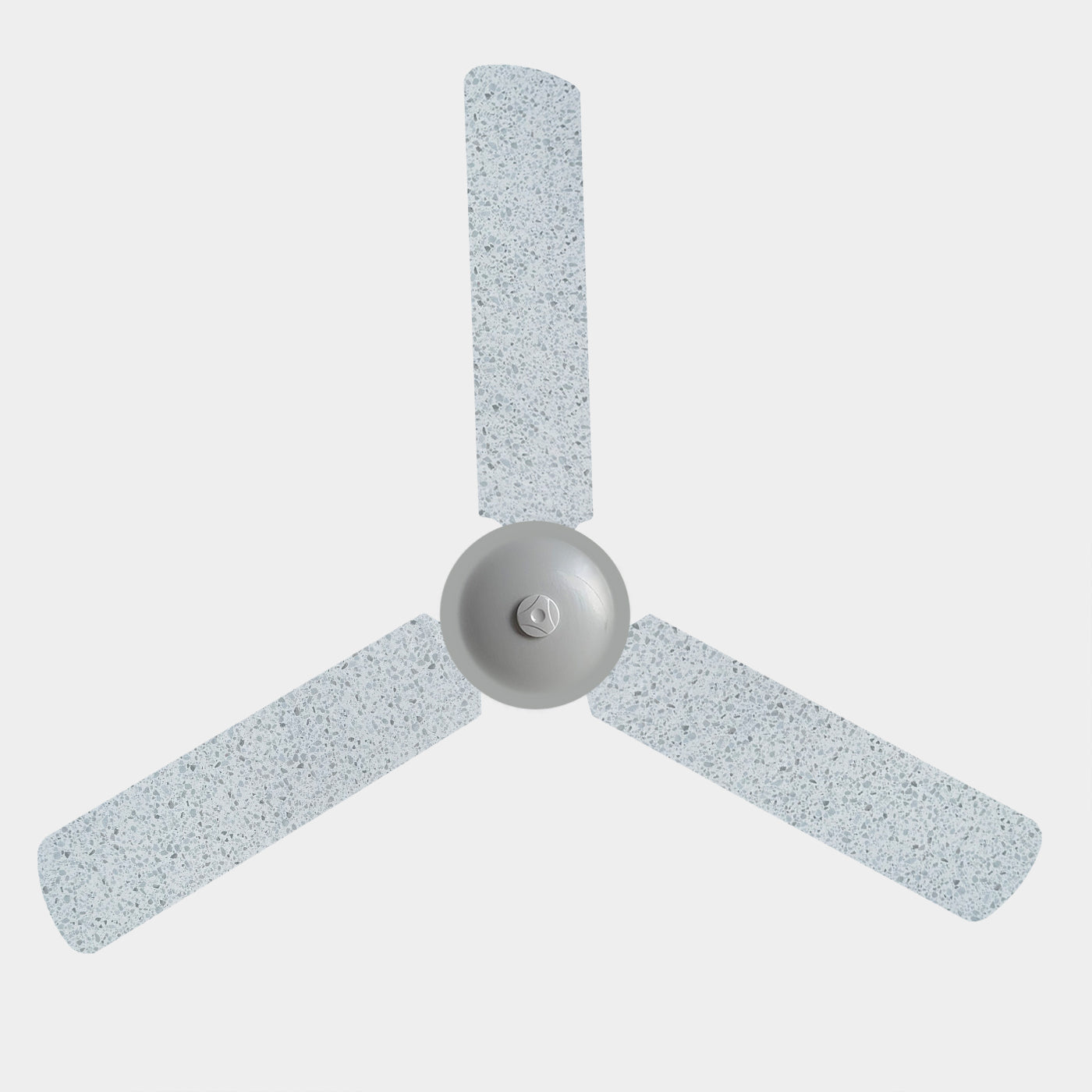 3 blade ceiling fan with fabric cover featuring a blue/grey terrazzo design 