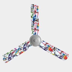 Blue, pink, yellow, red, and white birds sitting on branches pattern fan blade covers