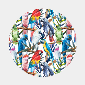 Pattern of blue, pink, yellow, red, white, and blue birds sitting on branches on white background