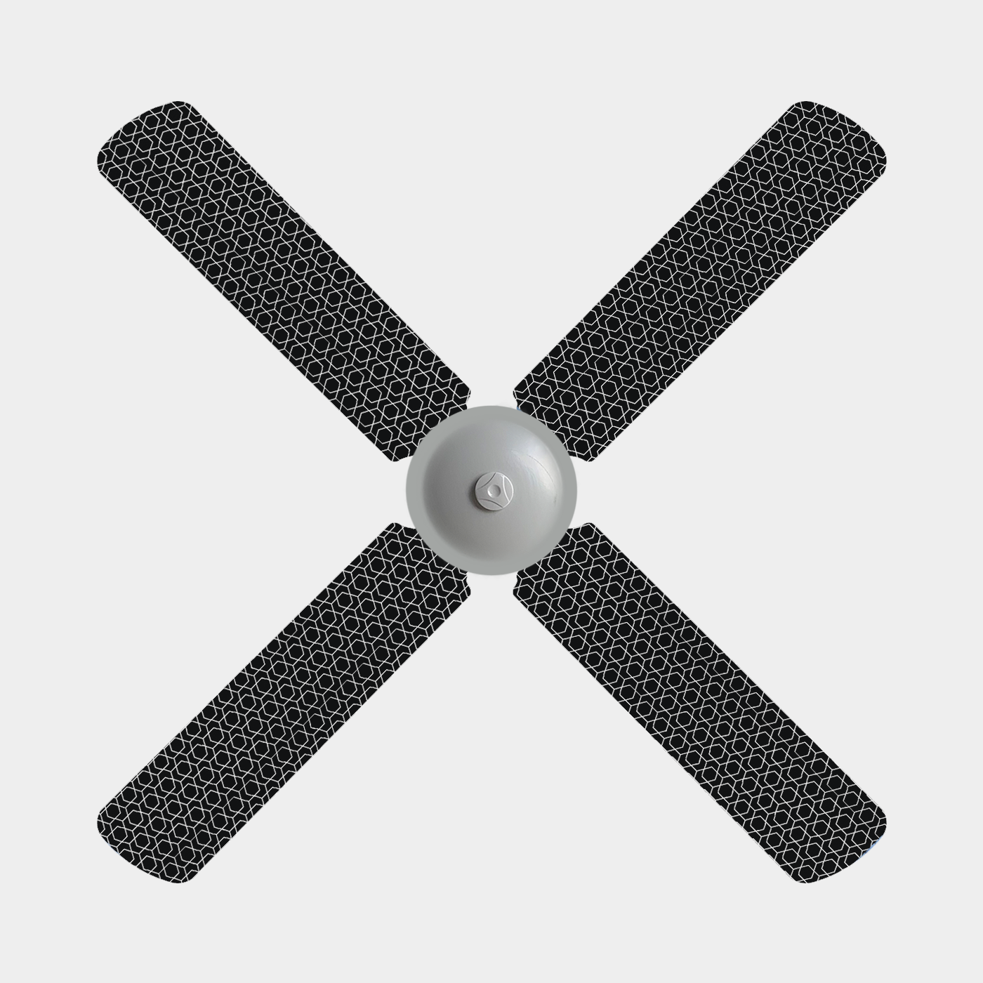 Three blade fan with covers with black background and white geometric pattern