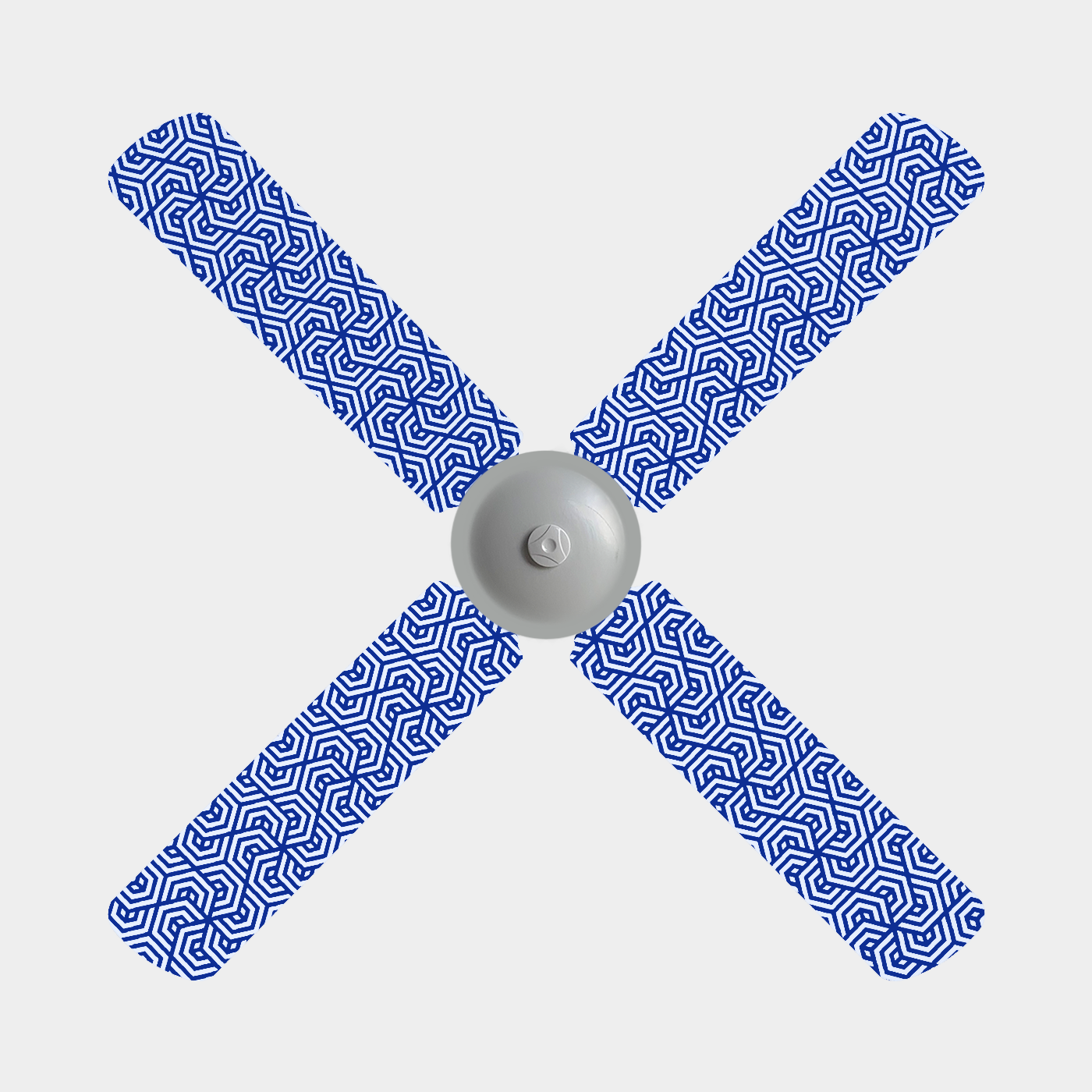 Fabric covers with blue background and white geometric pattern on three blade ceiling fan