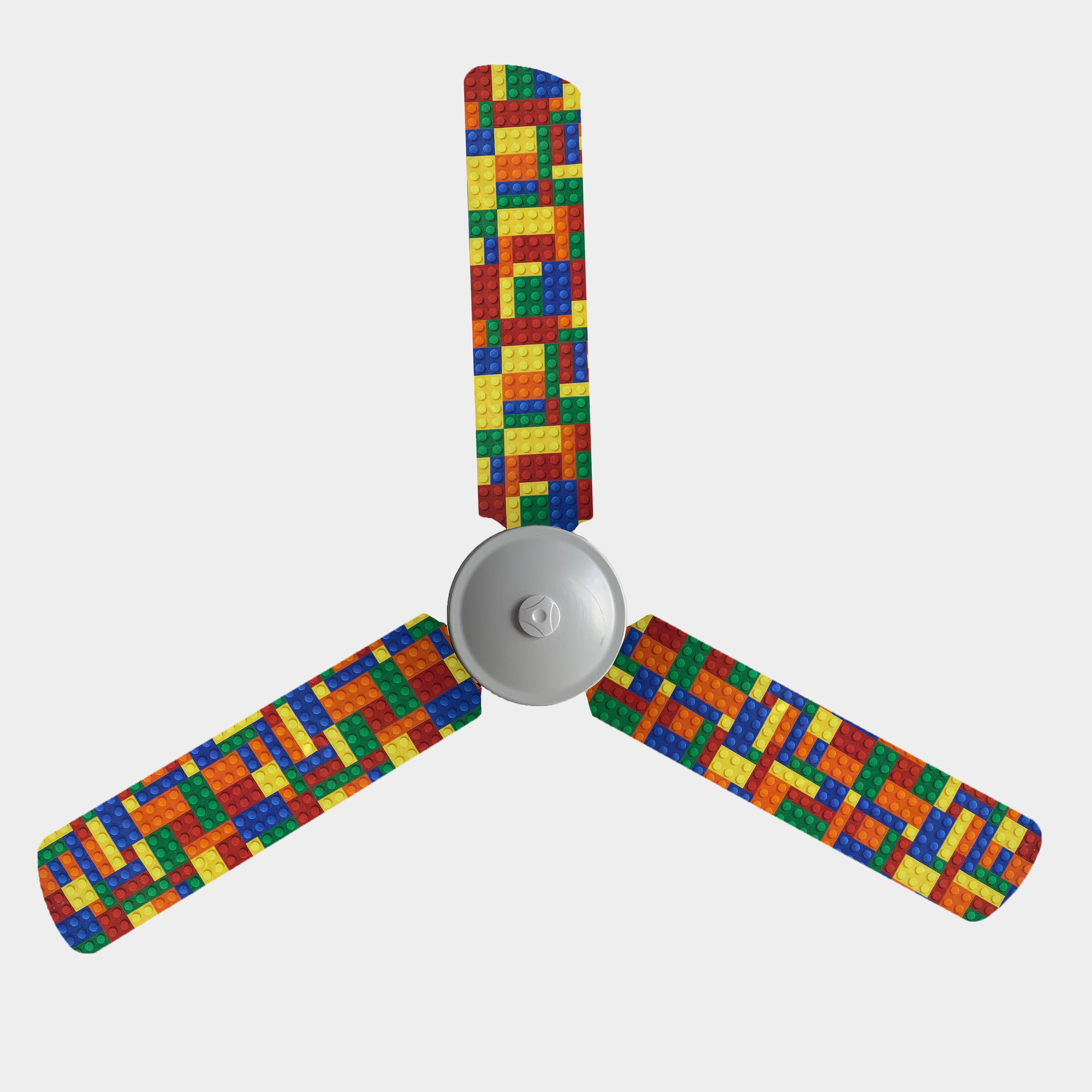 Fan covers with blue, yellow, red, orange, and green toy bricks