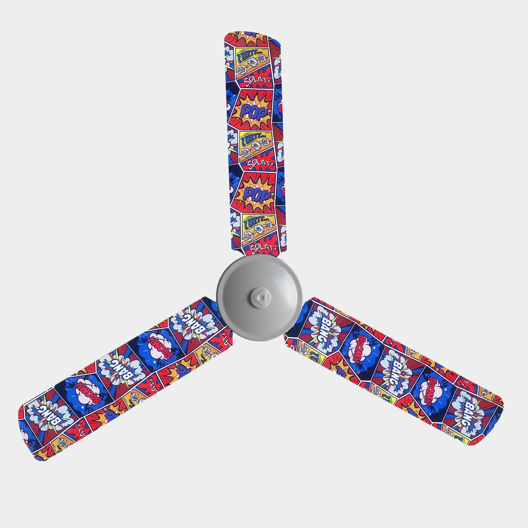 Blue, red, and yellow onomatopoeia comic book panels print ceiling fan blade covers 