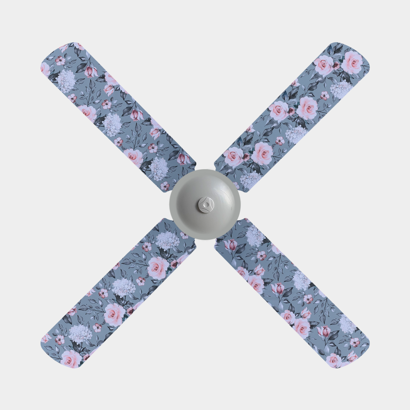 Ceiling fan covers with grey background and pink and white flowers on four blade ceiling fan