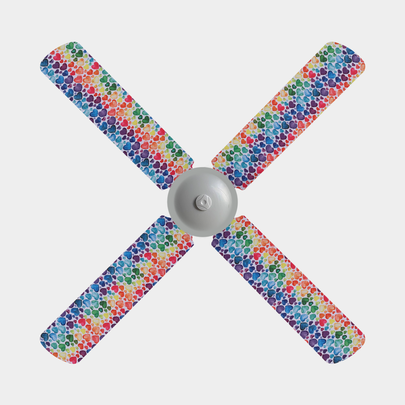 Fan blade covers with white background and blue, purple, red, orange, yellow, and green hearts on a four blade fan