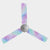 Pastel pink, purple, yellow, and green cloud-like pattern fan covers on three blade ceiling fan.