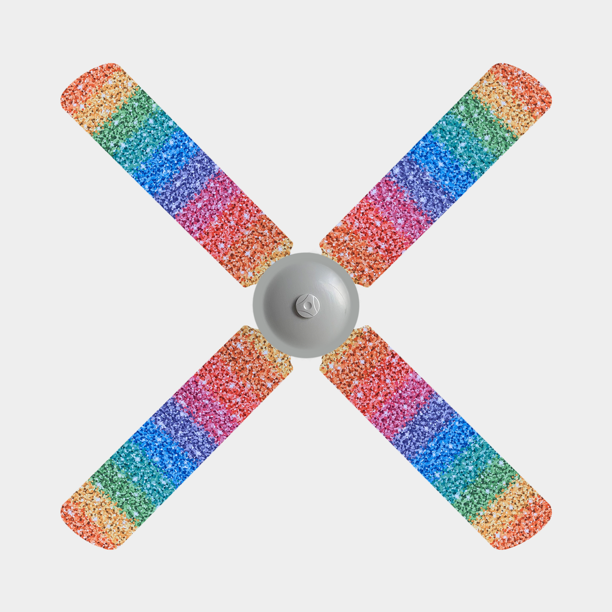 Red, orange, green, blue, purple, and pink, faux-glitter fan blade covers on a four blade fan
