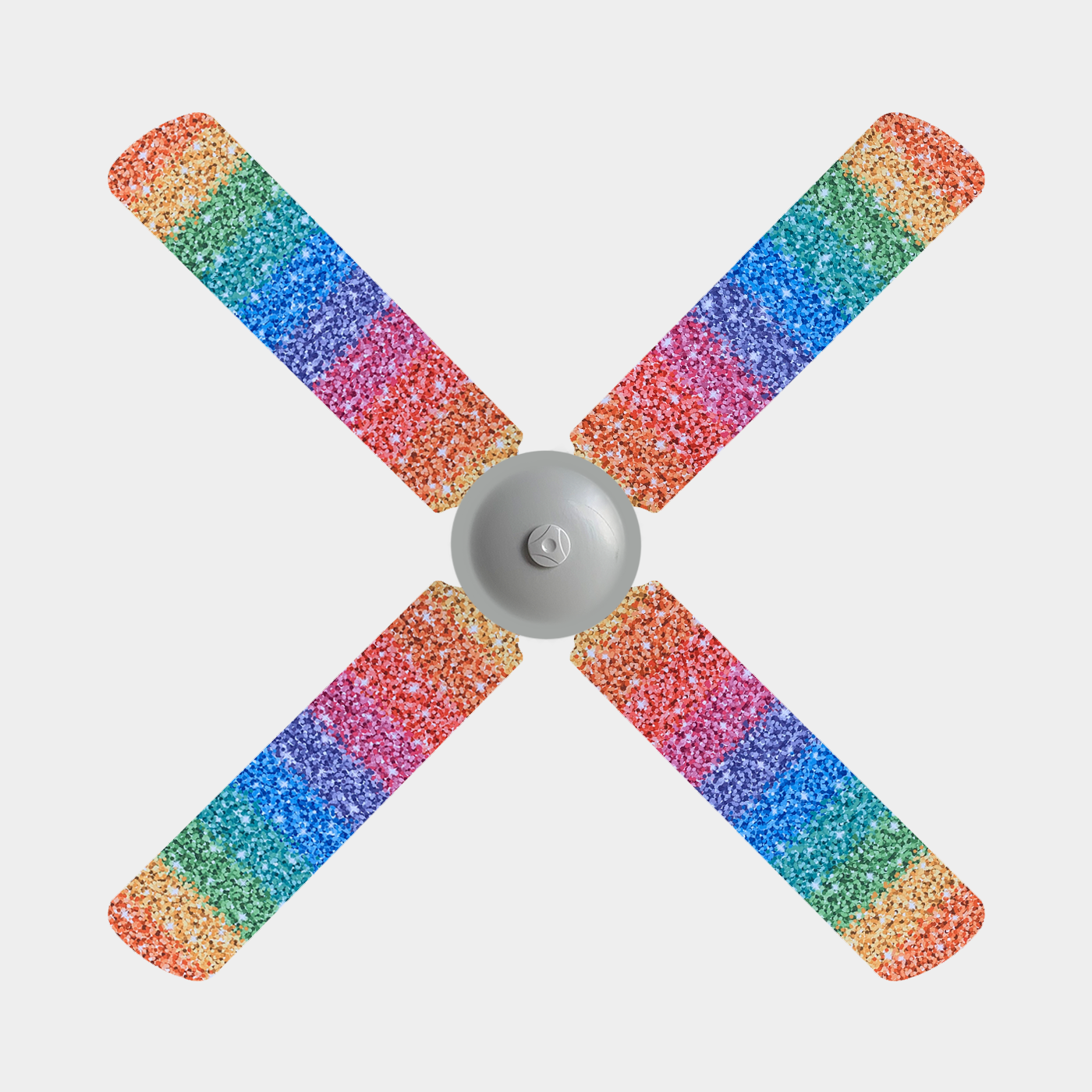 Red, orange, green, blue, purple, and pink, faux-glitter fan blade covers on a three blade fan