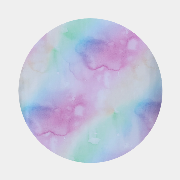 Pastel pink, purple, yellow, and green cloud-like pattern on white background