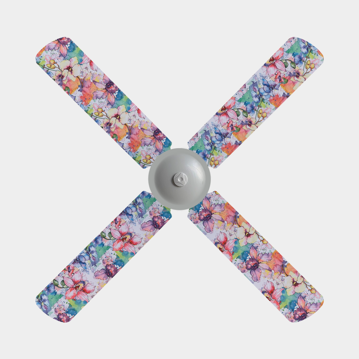 Pink, purple, orange, and white watercolour orchids ceiling fan blade covers on four blade fan
