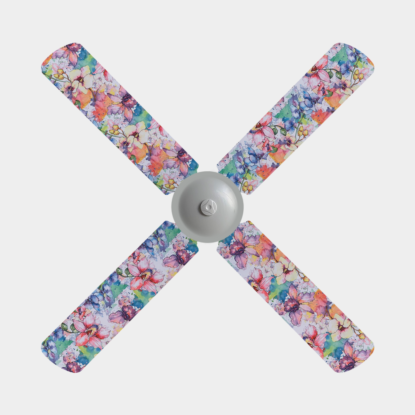 Pink, purple, orange, and white watercolour orchids ceiling fan blade covers on three blade fan
