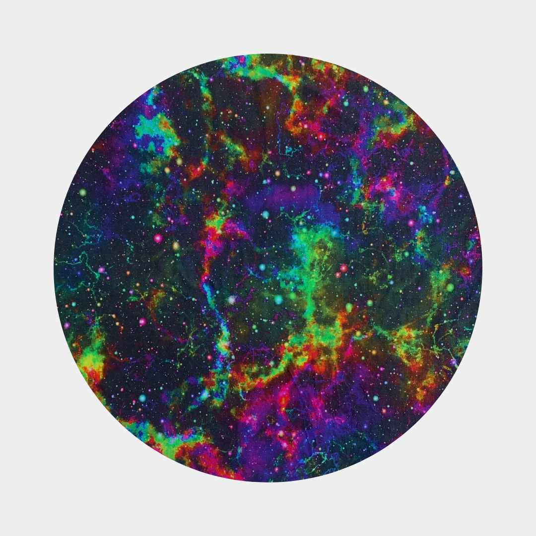 Pattern for fan blade covers, bright coloured nebula galaxy design on a black background