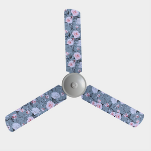 Ceiling fan covers with grey background and pink and white flowers on three blade ceiling fan