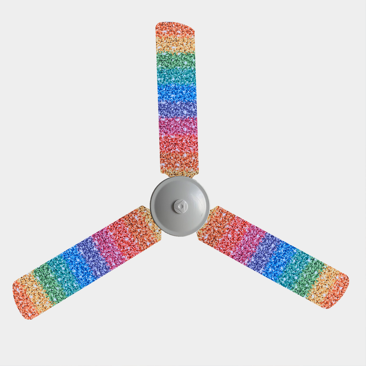 Red, orange, green, blue, purple, and pink, faux-glitter fan blade covers on a three blade fan