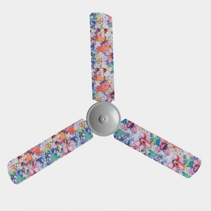 Pink, purple, orange, and white watercolour orchids ceiling fan blade covers on three blade fan